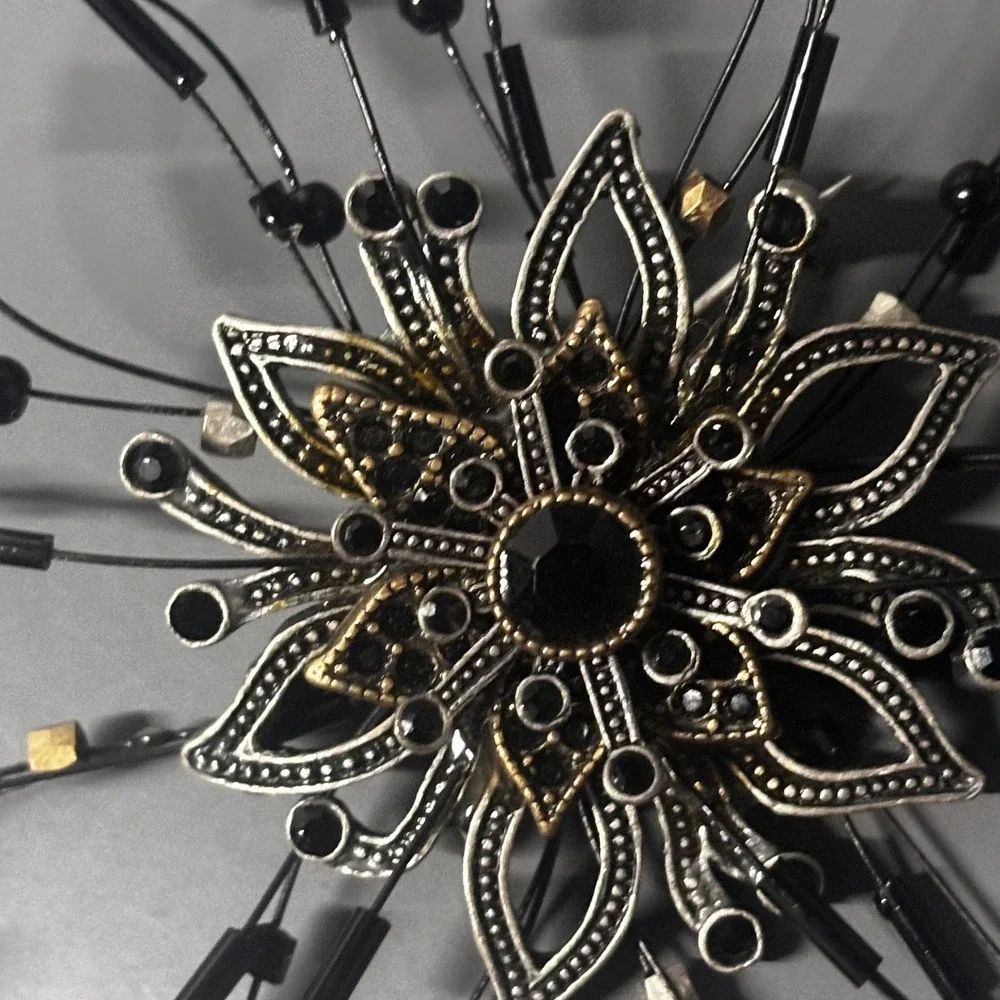 Large‎ Statement Flower Starburst Brooch Pin Black Rhinestone Beaded Silver Tone